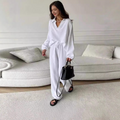 Women's Crinkle Lounge Set – V-Neck Top & Wide-Leg Pants