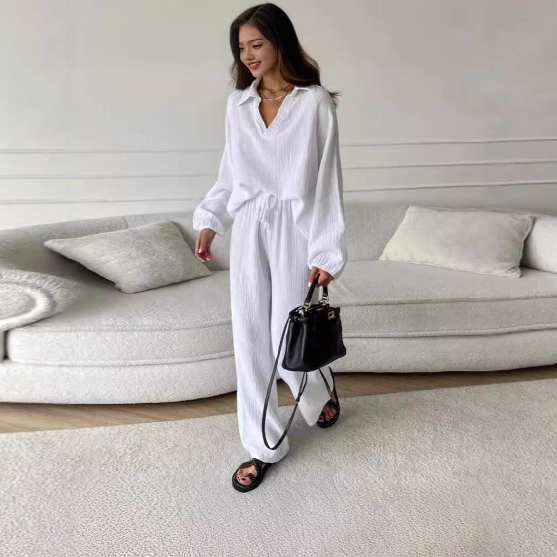Women's Crinkle Lounge Set – V-Neck Top & Wide-Leg Pants
