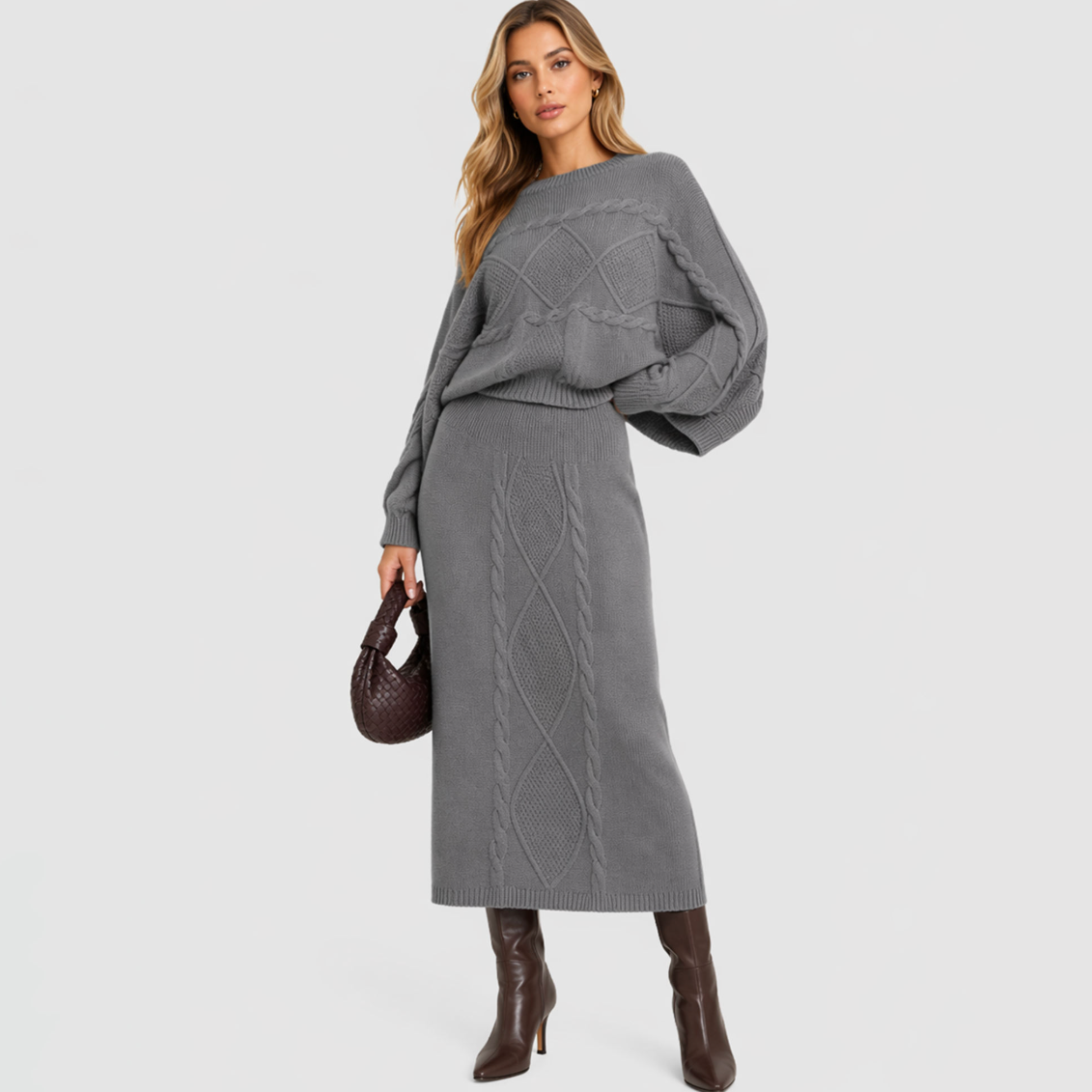 Women's Knitted Sweater & Knee-Length Skirt Set