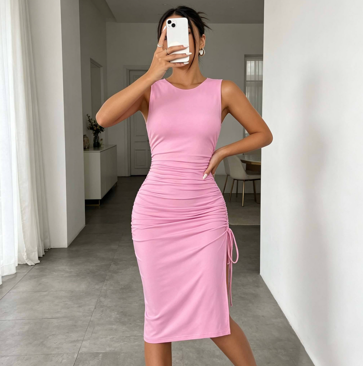 Women's Ruched Drawstring Split-Hem Midi Dress